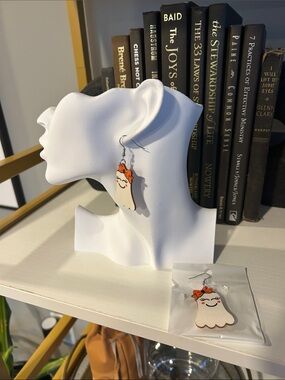 Hand-Painted White Ghost Dangle Earrings with Orange Bow (NWOT)